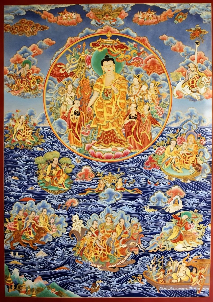 掐丝珐琅唐卡.罗汉渡水